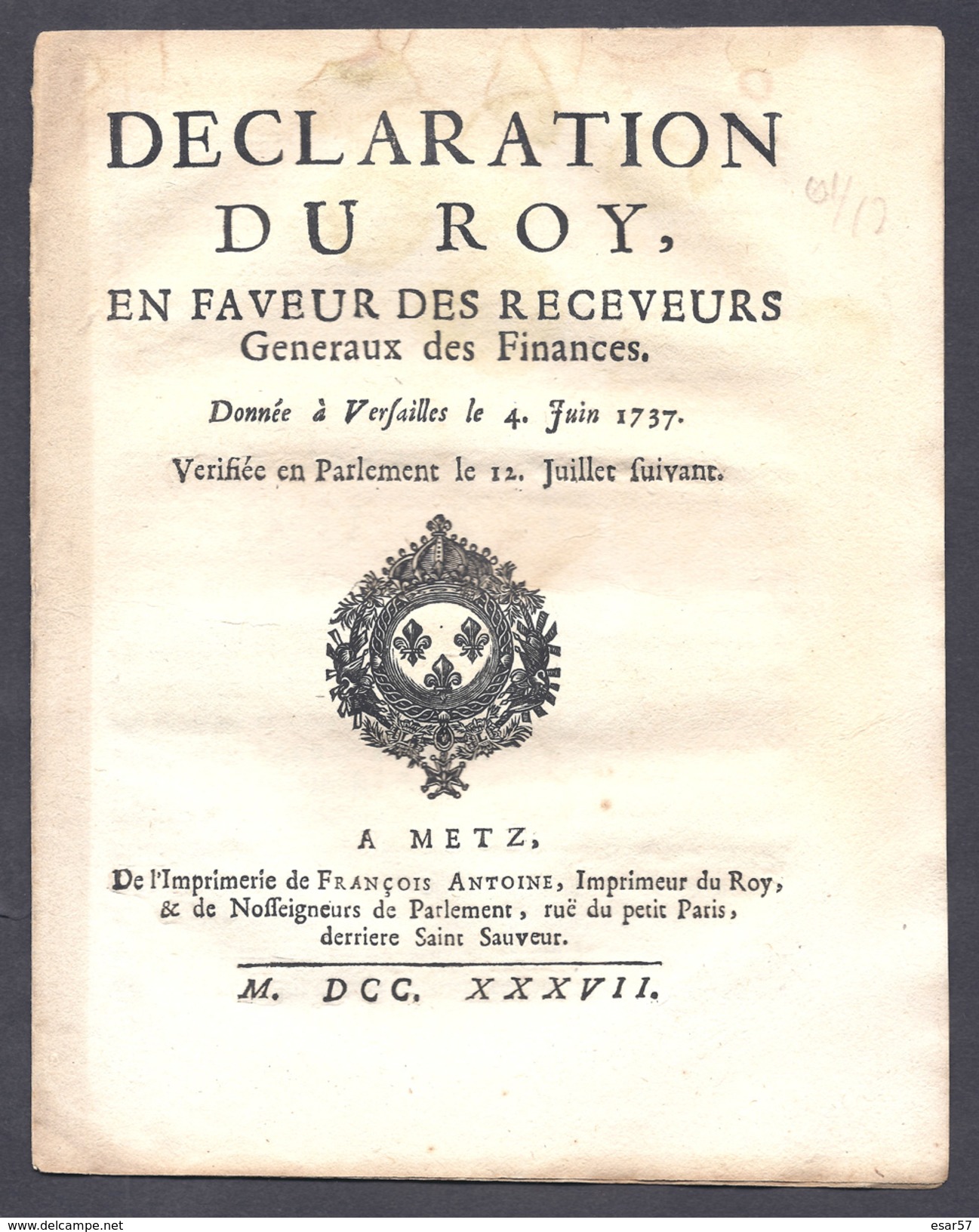 Déclaration Du Roy En Faveur Des Receveurs Généraux Des Finances Versailles 4 JUIN 1737 - Décrets & Lois