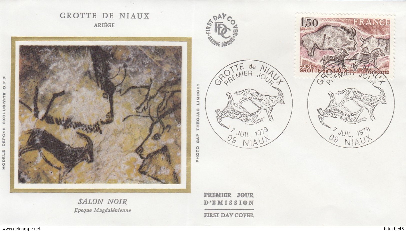 FRANCE- FDC SOIE GROTTES DE NIAUX ARIEGE - SALON NOIR - CACHET ROND PREMIER JOUR 7.7.1979 NIAUX 09  /3 - 1970-1979