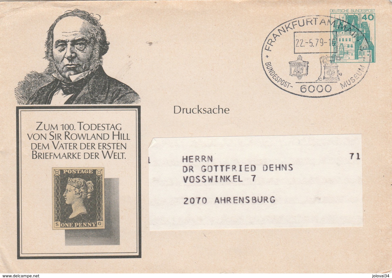 Entier Postal - Enveloppes Privées Illustration Sir Rowland Hill Cachet Illustré Frankfurt Museum 22/5/1979 - Privatumschläge - Gebraucht
