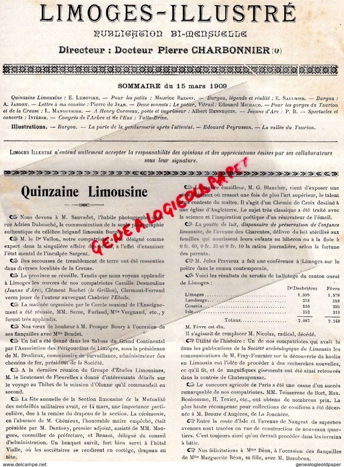 87-LIMOGES ILLUSTRE -RARE REVUE LIMOUSINE 15 MARS 1909-BURGOU MARVAL- PUB FRANCIS CHIGOT-LAURENT GAYOU-PEYRUSSON-TAURION - Limousin