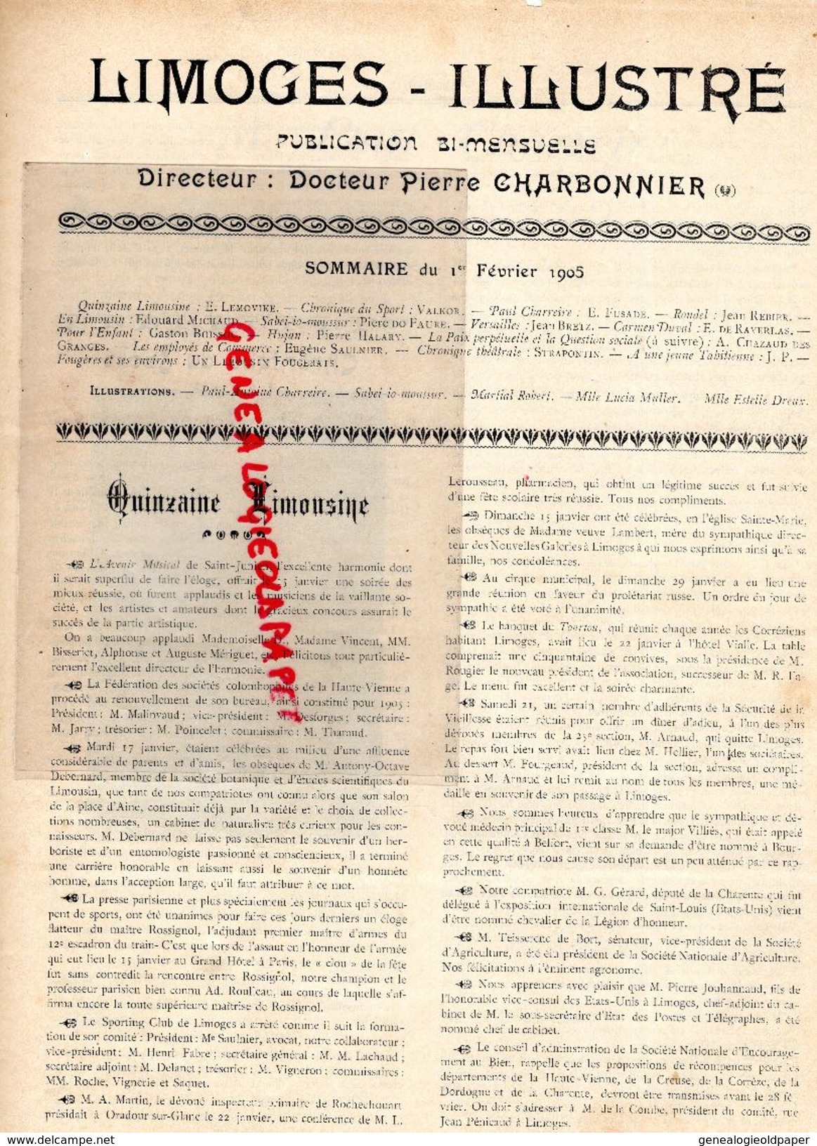 87-LIMOGES ILLUSTRE-RARE REVUE LIMOUSINE 1-2-1905-P.A. CHARREIRE -COMPOSITEUR MUSIQUE NE A BESANCON-PUB GALERIES JOURDAN - Limousin