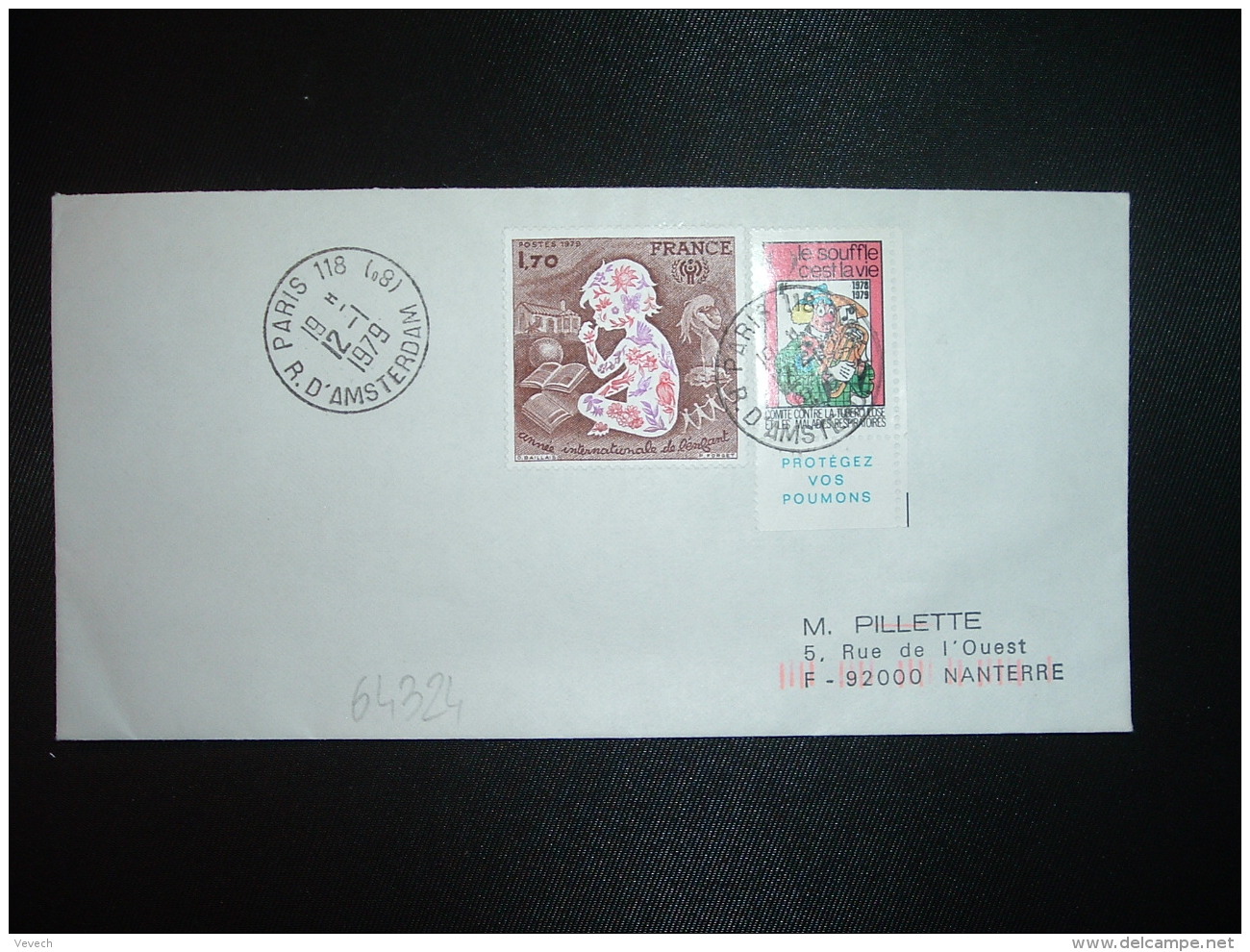 LETTRE TP ANNEE DE L'ENFANT 1,70 + VIGNETTE CONTRE LA TUBERCULOSE 2F 1979 1980 OBL.12-1-1979 PARIS 118 - Covers & Documents