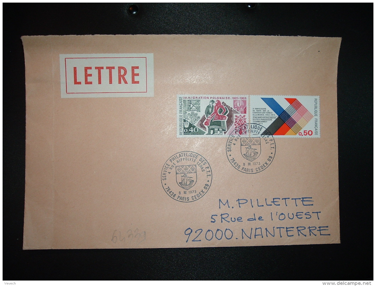 LETTRE TP COOPERATION FRANCO-ALLEMANDE 0,50 + IMMIGRATION POLONAISE 0,40 OBL.8 III 1973 PARIS SERVICE PHILATELIQUE DES P - Posttarife