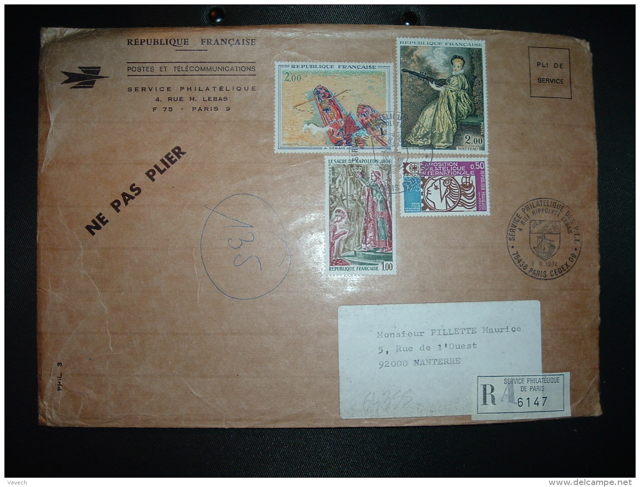 LR TP WATTEAU 2,00 + DERAIN 2,00 + SACRE DE NAPOLEON 1,00 + ARPHILA 0,50 OBL.1 II 1974 PARIS CEDEX 09 SERVICE PHILATELIQ - Posttarife