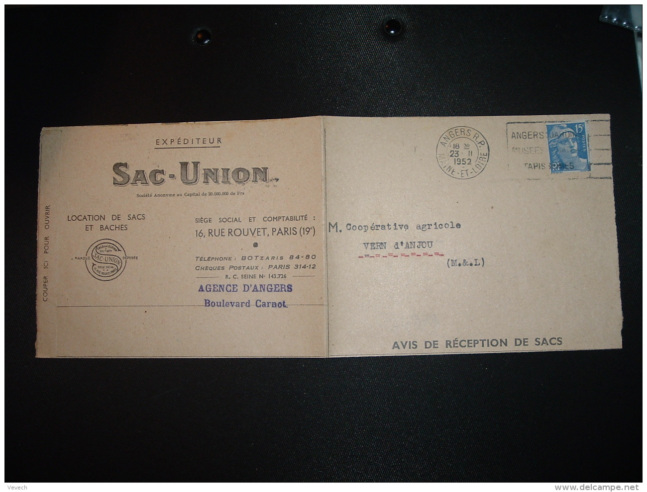 LETTRE (PLI) AR SACS UNION TP M.DE GANDON 15F OBL.MEC.23 II 1952 ANGERS RP MAINE-ET-LOIRE (49) - Autres & Non Classés