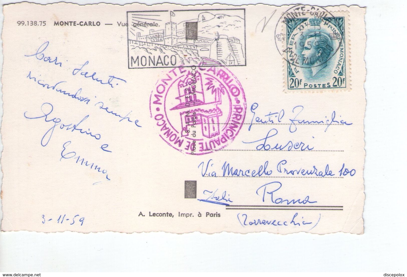 U1430 Small Postcard 1959: MONTECARLO (Monte Carlo) Vue Generale + NICE  STAMP AND TIMBRE (francobollo) - Altri & Non Classificati