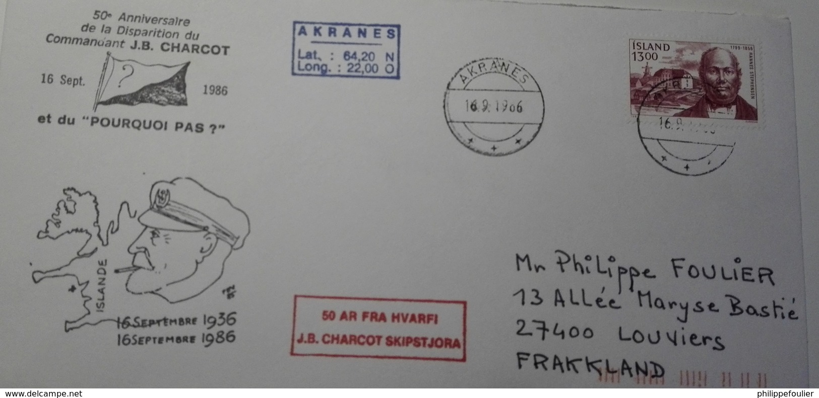 PLI Polaire Commémoratif  Charcot /  Pourquoi Pas Oblitération  16/09/1986. Akranes - Storia Postale