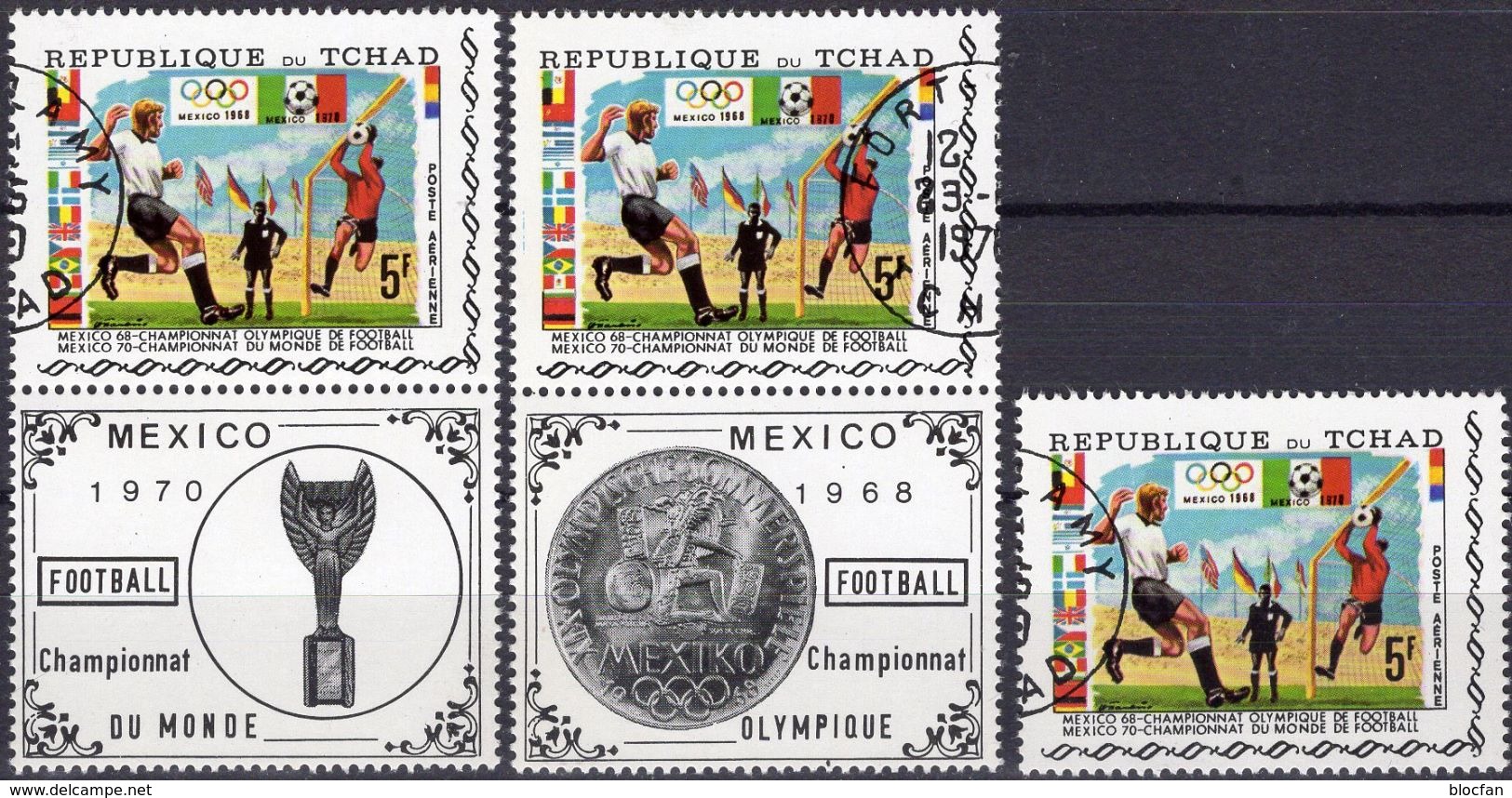 Mexico 1970 Fußball WM Tschad 307+2x307 Zf O 4€ Pokal Fußballspieler Sport Sheet Football Flag Se-tenants Bf Soccer - Tchad (1960-...)