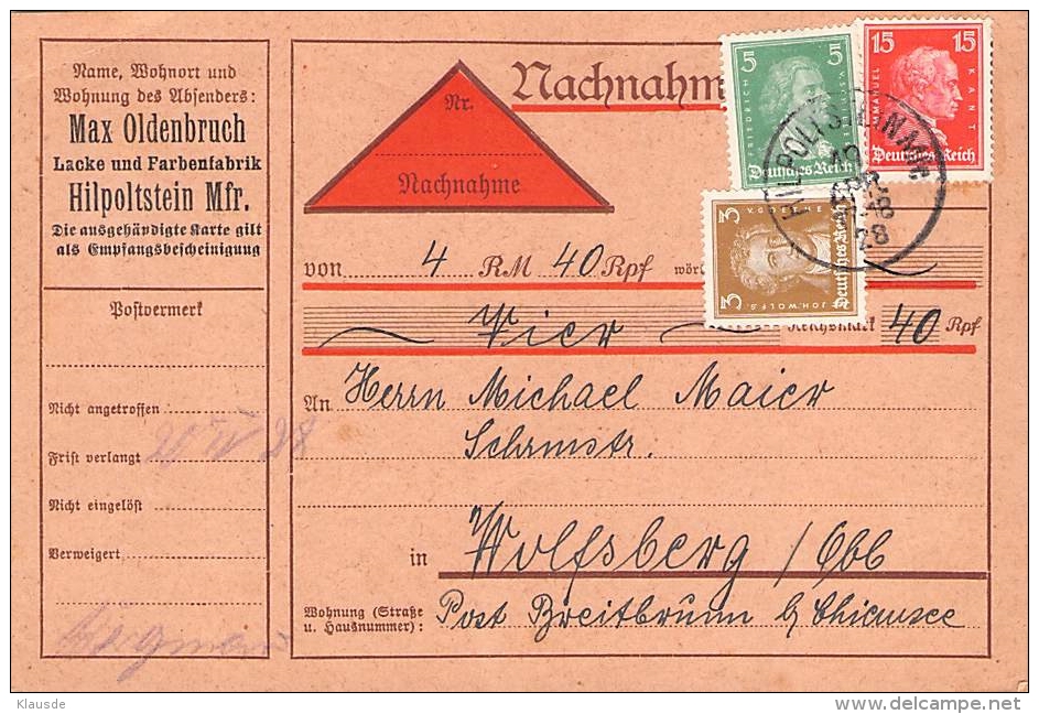 MiNr.386,387+391 Auf Nachnahme Gel.1928 Deutsches Reich - Machines à Affranchir (EMA)