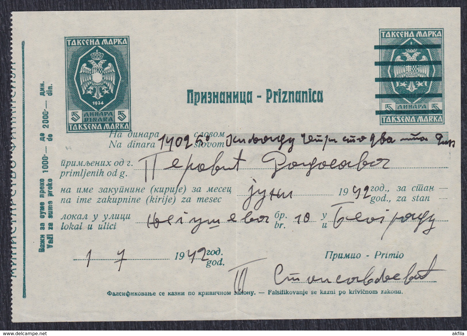 WWII Germany Occupation Of Serbia 1942 Receipt With Two Printed Revenue (tax) Stamps Of 5 Din - Occupation 1938-45