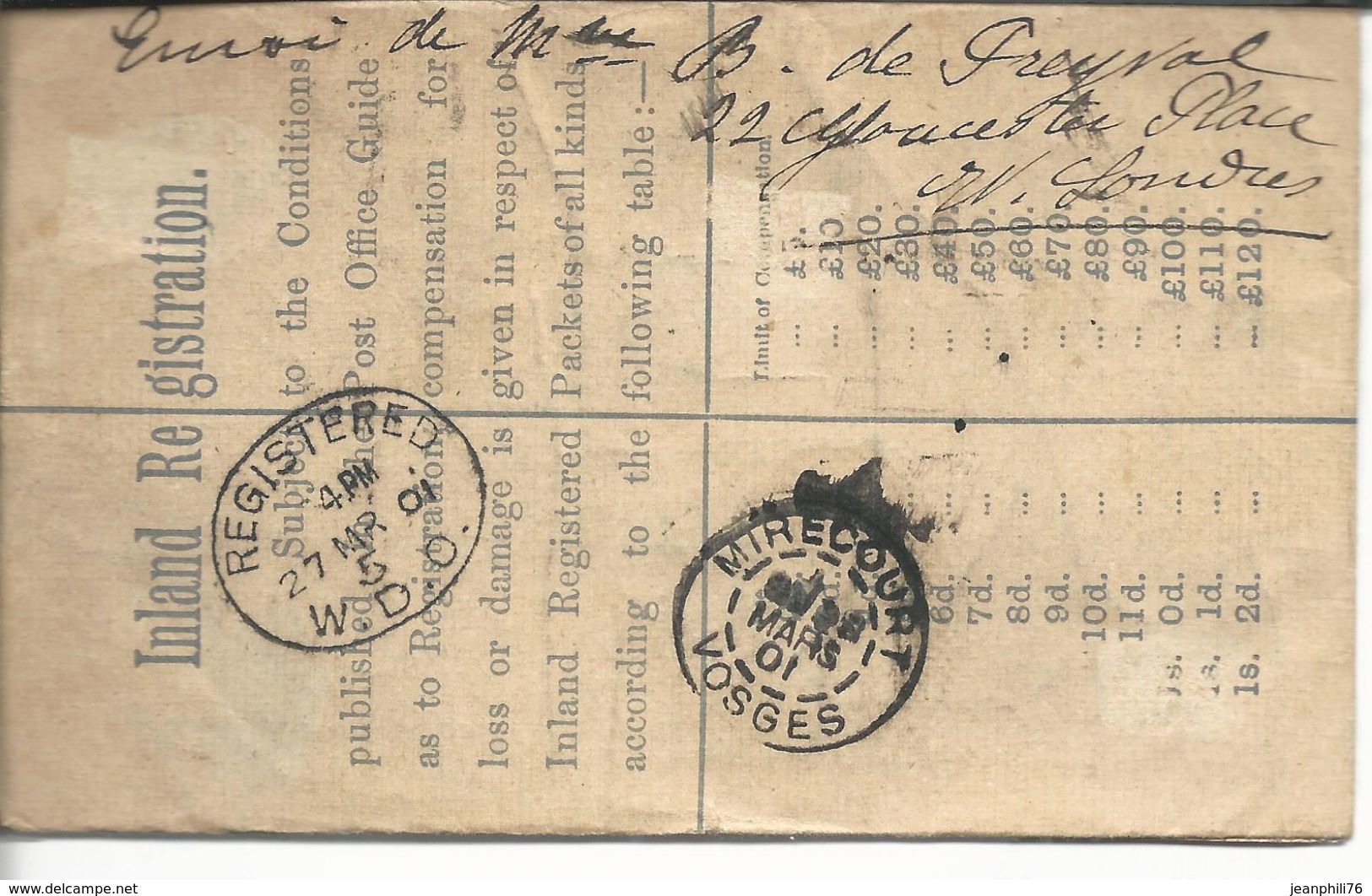 Entier Postal Victoria (michel 20A) Registered + Compl. 73x2, 92 Pour Mirecourt 1901 - Entiers Postaux