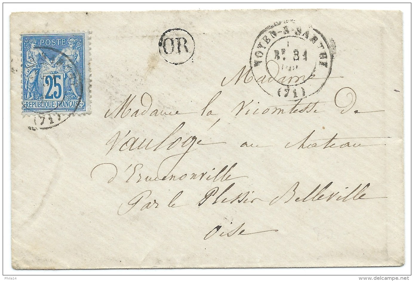 ENVELOPPE SAGE 25 C BLEU / NOYEN SUR SARTHE POUR CHATEAU ERMENONVILLE PAR LE PLESSIS BELLEVILLE / 1878 - 1877-1920: Periodo Semi Moderno