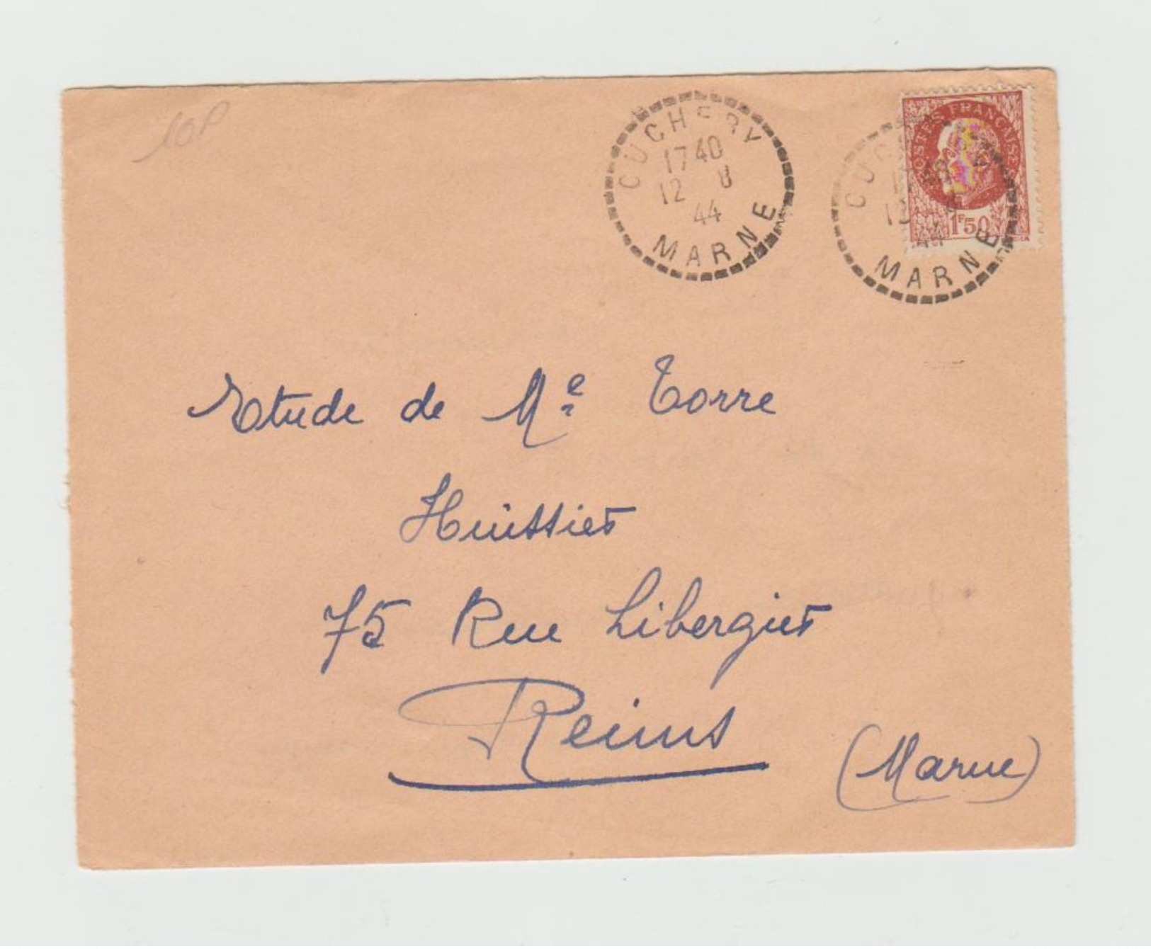 LSC 1944 - Cachet Perlé CUCHERY (Marne) Sur Timbre Pétain - 1921-1960: Modern Period