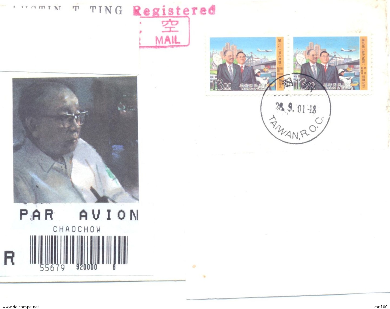 2001.Taiwan, The Letter Sent By Registered Air-mail Post To Moldova - Covers & Documents