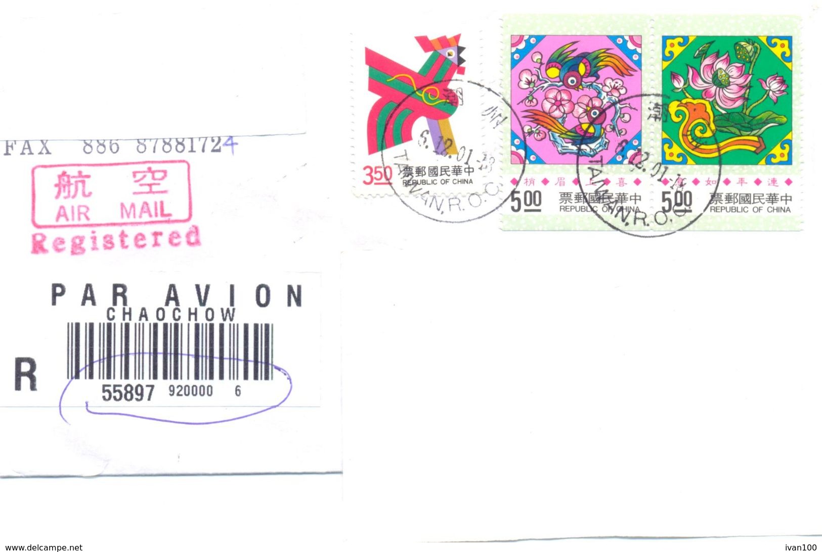 2001.Taiwan, The Letter Sent By Registered Air-mail Post To Moldova - Briefe U. Dokumente