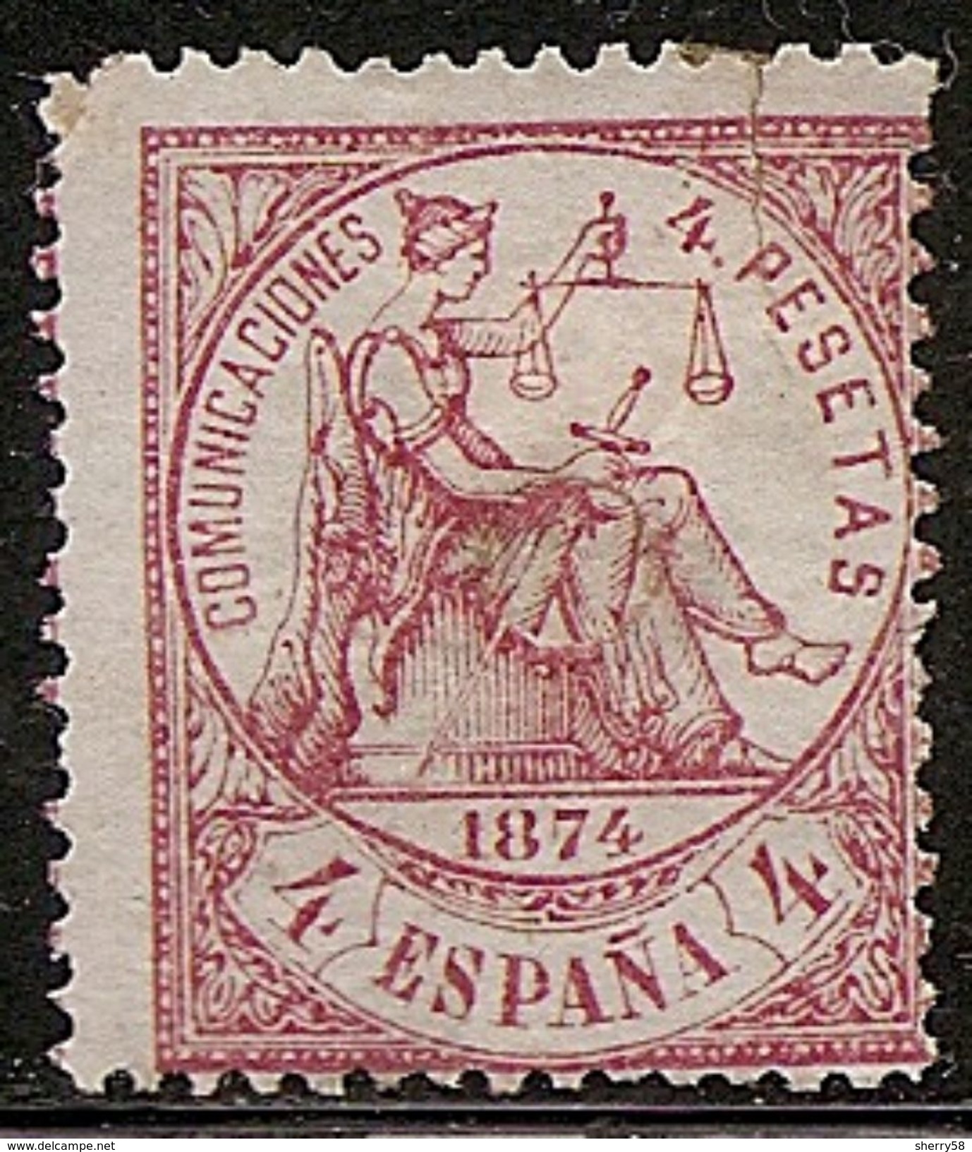1874-ED. 151 -  I REPÚBLICA- ALEGORÍA DE LA JUSTICIA 4 PTAS. CARMÍN - NUEVO CON FIJASELLOS DEFECTUOSO Y REPARADO - Unused Stamps