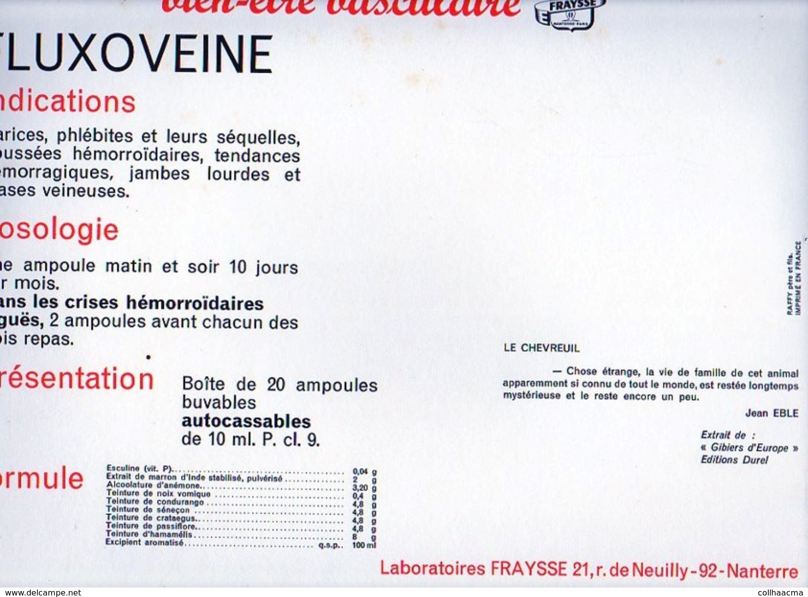 Publicité Pharmaceutique Laboratoires Fraysse / Lithographie De Maurice Parent " Le Chevreuil " Texte De Jean Eble - Lithographies