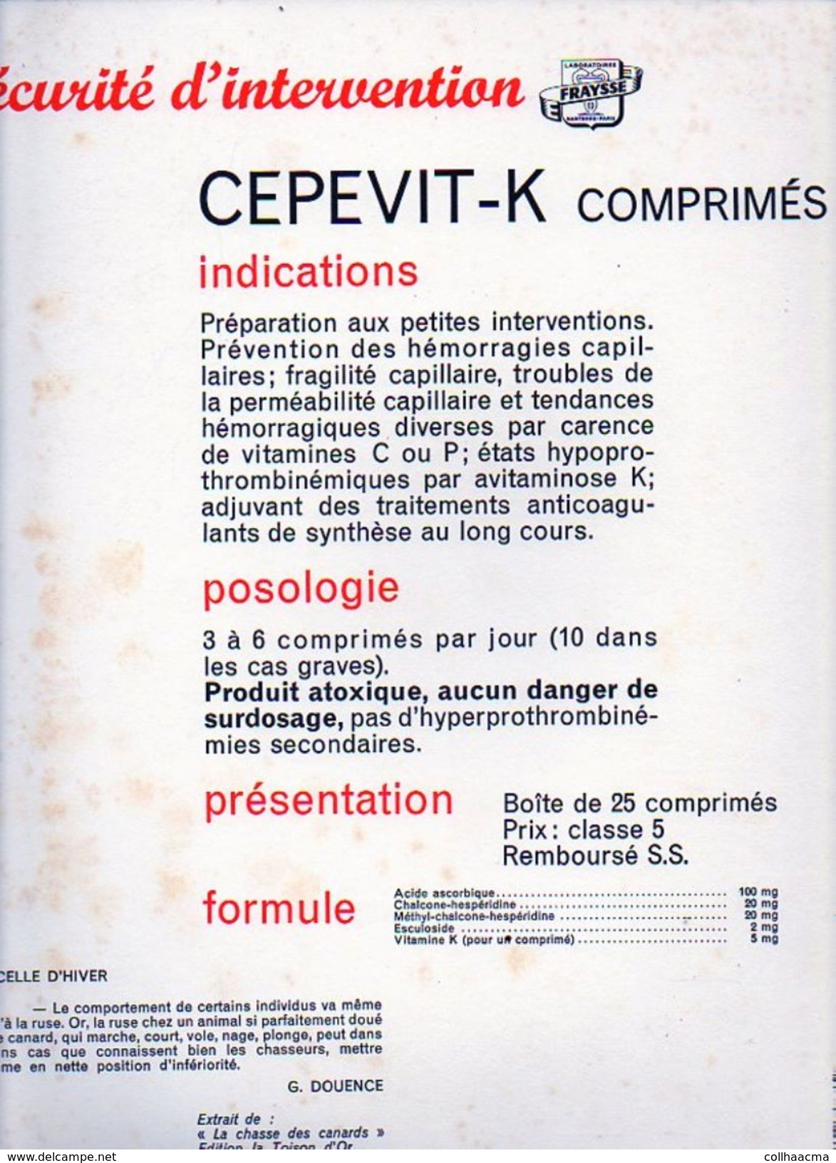 Publicité Pharmaceutique Laboratoires Fraysse / Lithographie De Maurice Parent " La Sarcelle D'Hiver" Texte De G.Douence - Lithographies