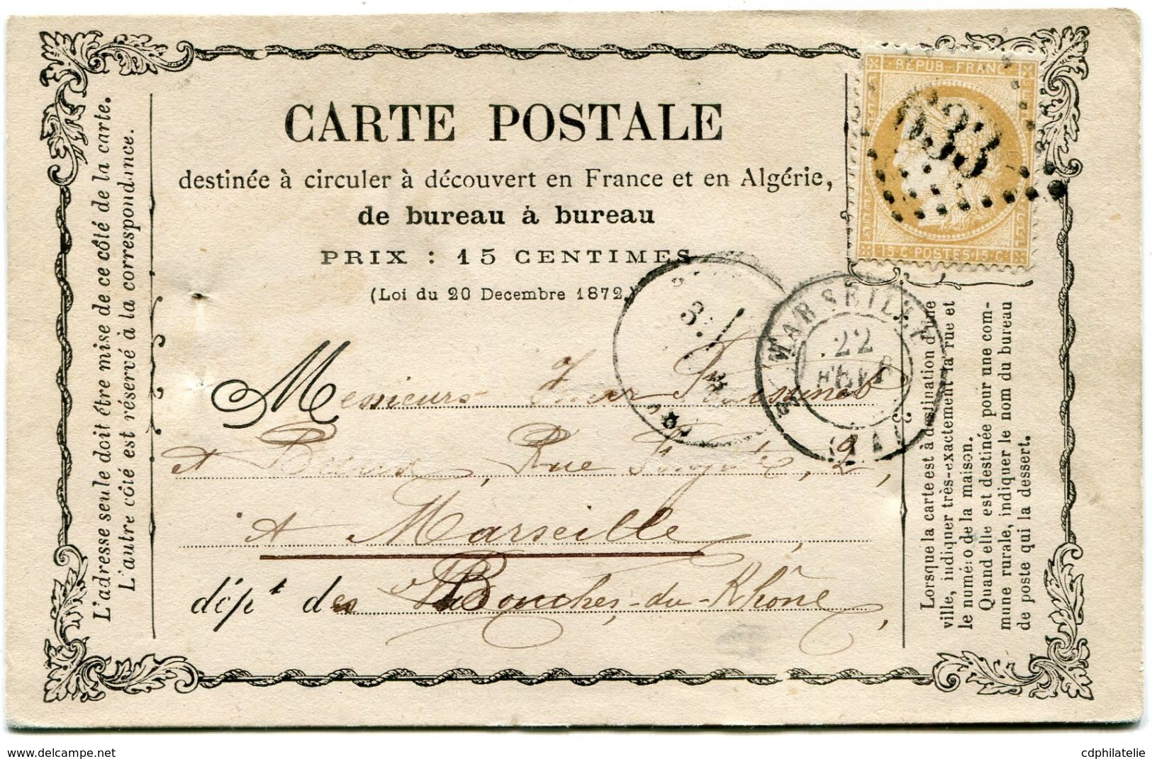 FRANCE CARTE POSTALE PRECURSEUR AFFRANCHIE AVEC UN N°59 OBL. GC 633 DEPART BRIGNOLES 21 FEVR 74 POUR LA FRANCE - Cartes Précurseurs