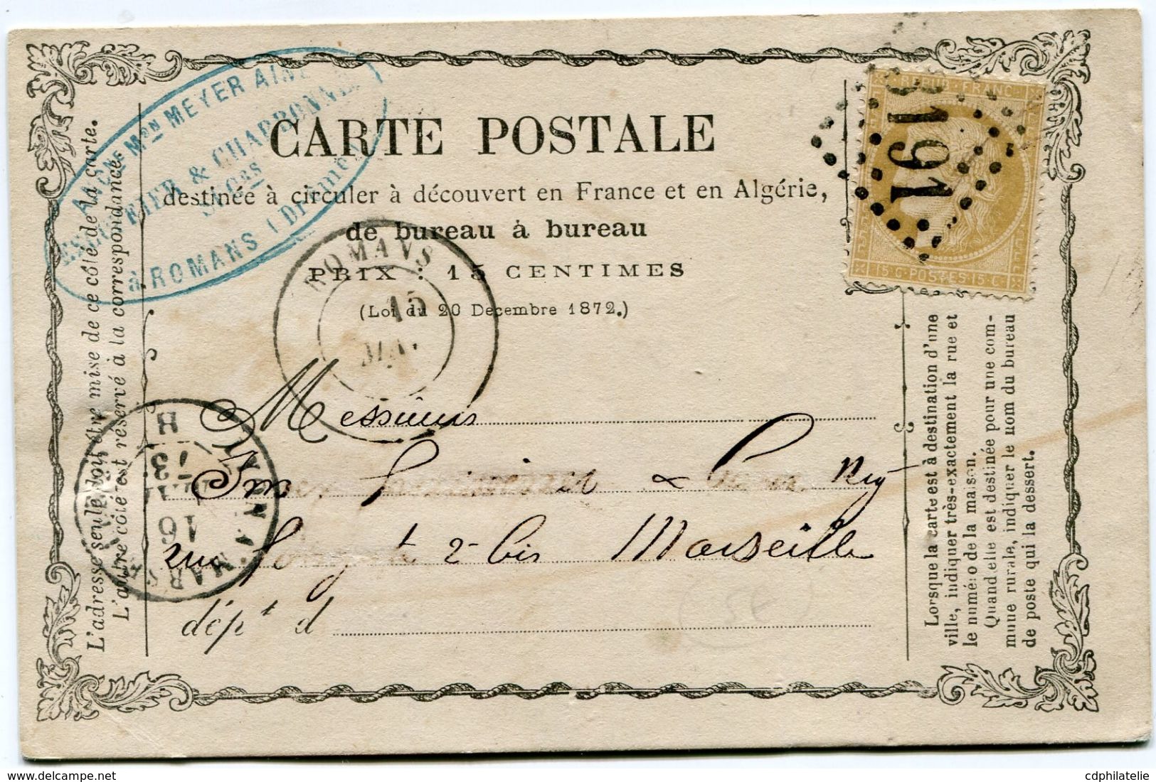 FRANCE CARTE POSTALE PRECURSEUR AFFRANCHIE AVEC UN N°59 OBL. GC 3191 DEPART ROMANS 15 MAI 73 POUR LA FRANCE - Vorläufer