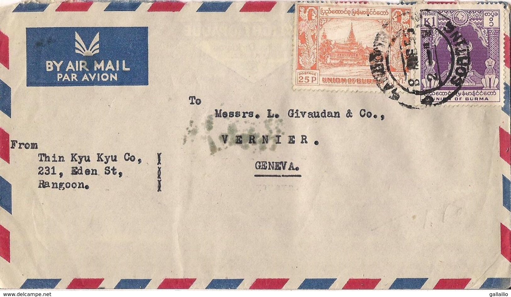 MARCOPHILIE LETTRE PAR AVION DE RANGOON BURMA DE 1955 - Myanmar (Birmanie 1948-...)