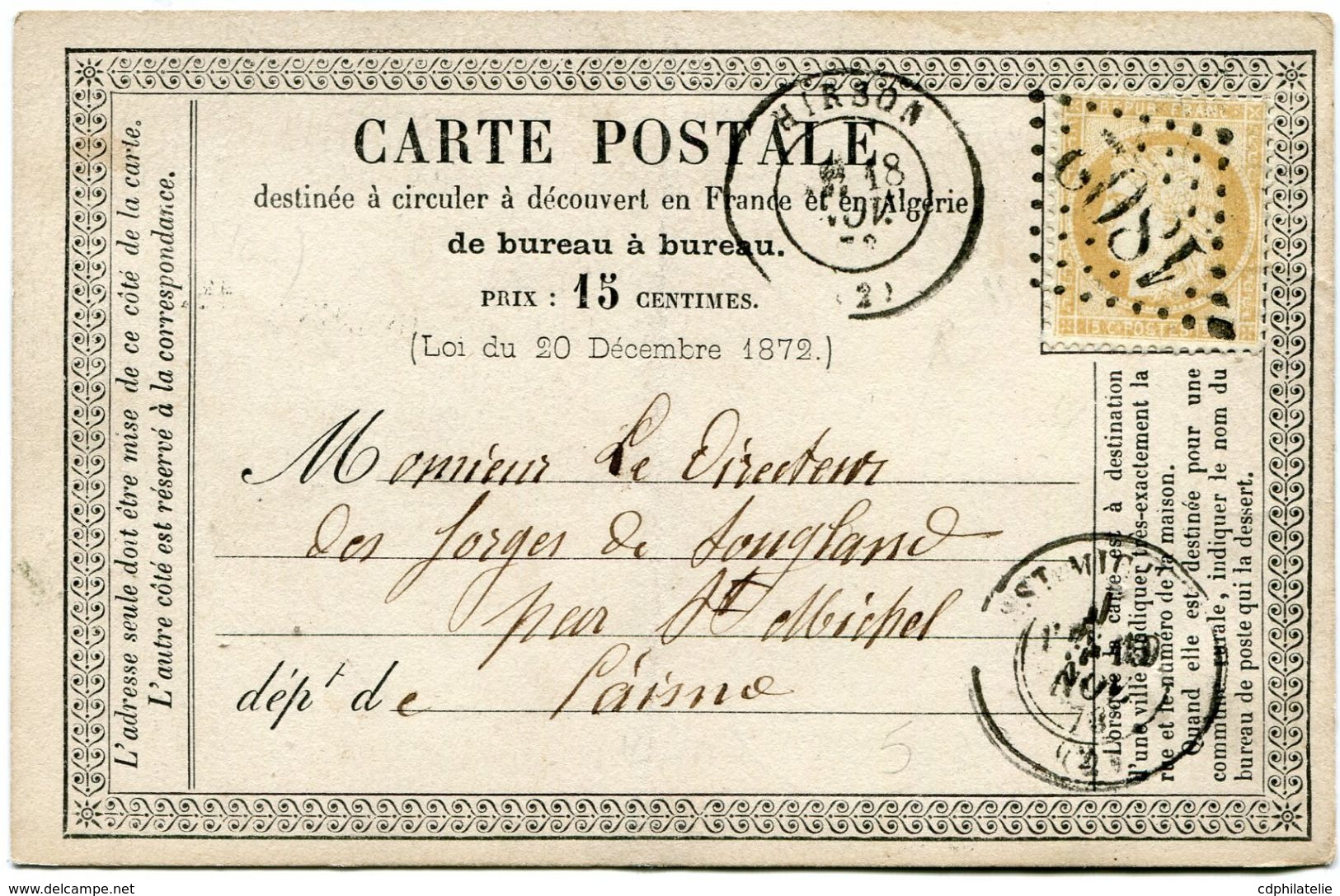 FRANCE CARTE POSTALE PRECURSEUR AFFRANCHIE AVEC UN N°59 OBL. GC 1802 DEPART HIRSON 18 NOV 73 POUR LA FRANCE - Cartes Précurseurs