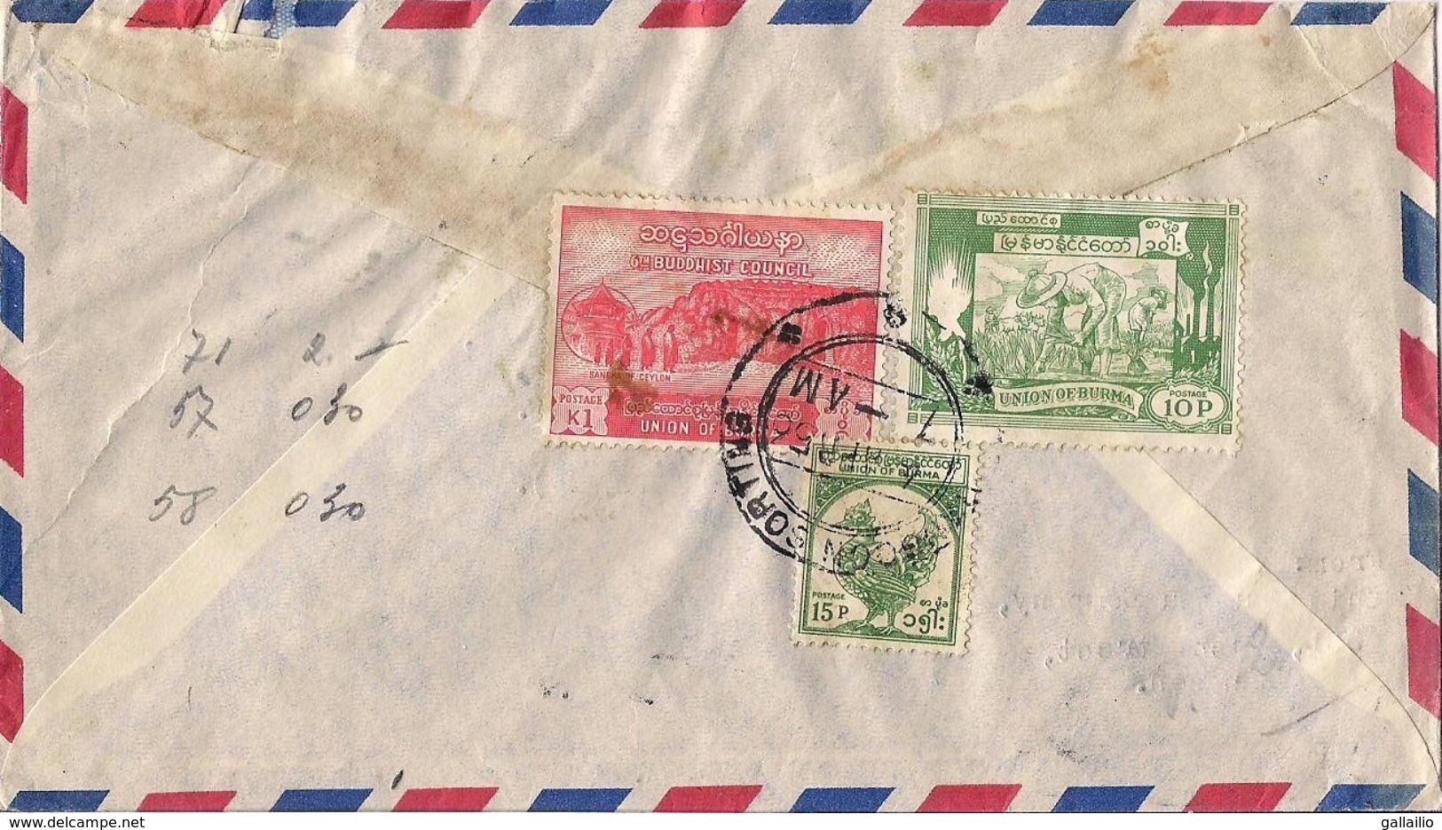 MARCOPHILIE LETTRE PAR AVION DE RANGOON BURMA DE 1956 TP NO 57 58 ET 71  YT - Myanmar (Birmanie 1948-...)