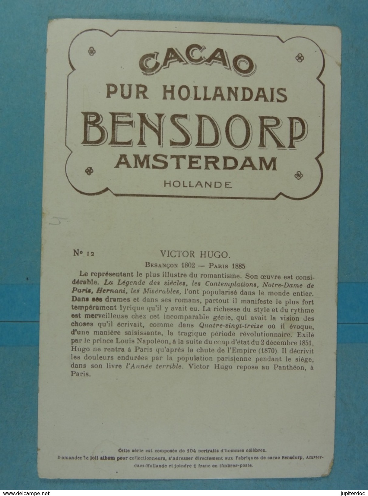 Cacao Pur Hollandais Bensdorp Amsterdam Victor Hugo - Publicidad