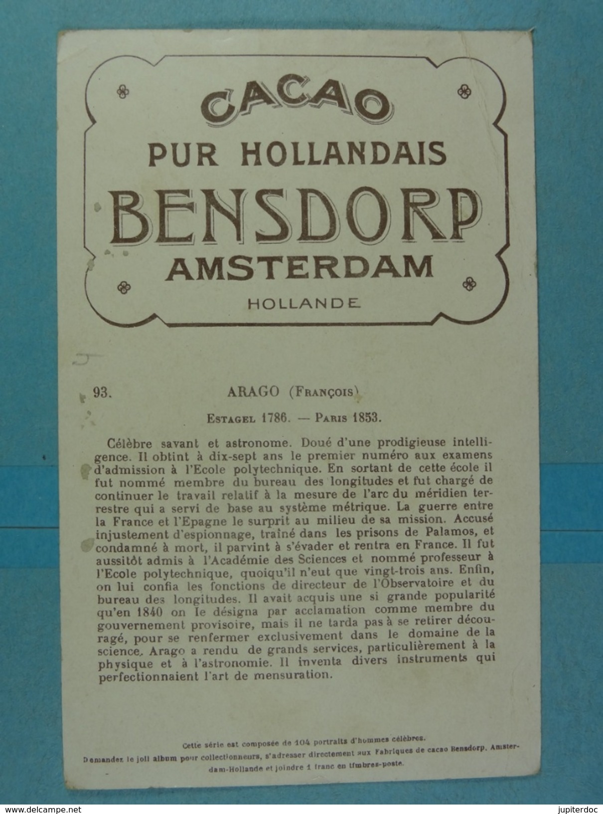 Cacao Pur Hollandais Bensdorp Amsterdam Arago - Publicité