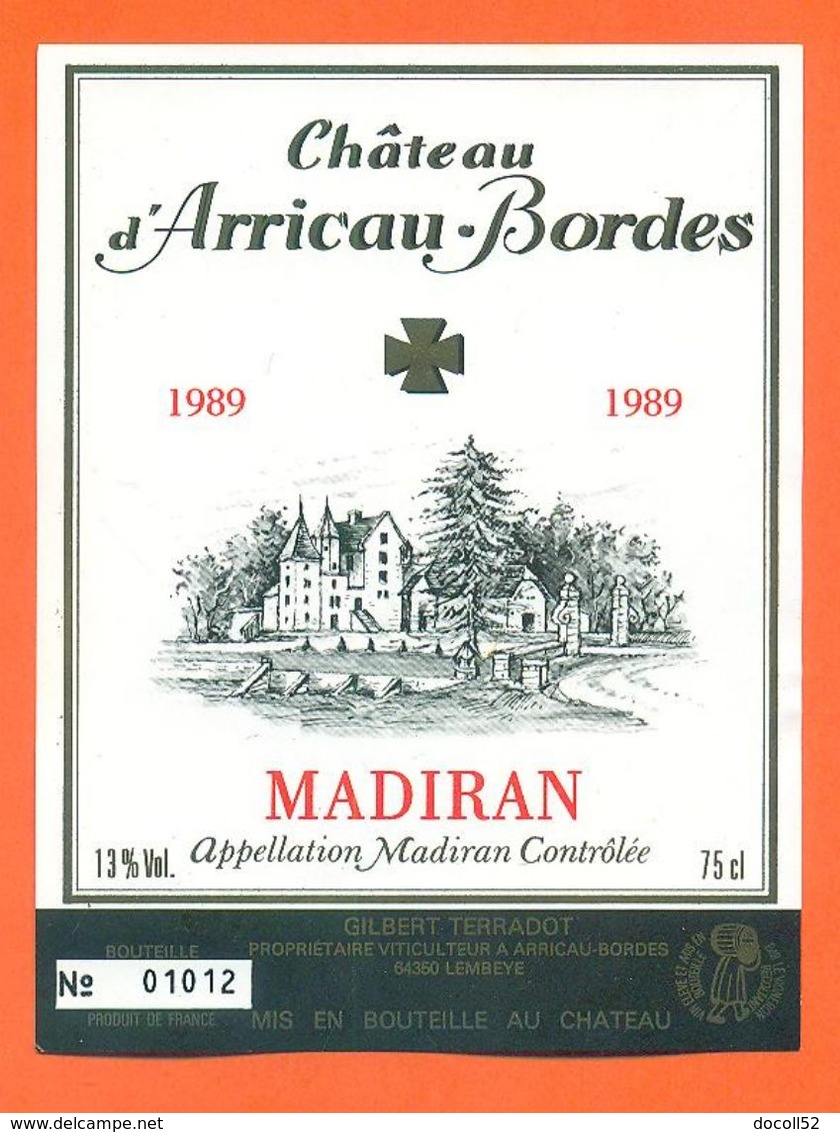 étiquette Vin De Madiran Chateau D'arricau Bordes 1989 Gilbert Terradot à Lembeye - 75 Cl - Madiran