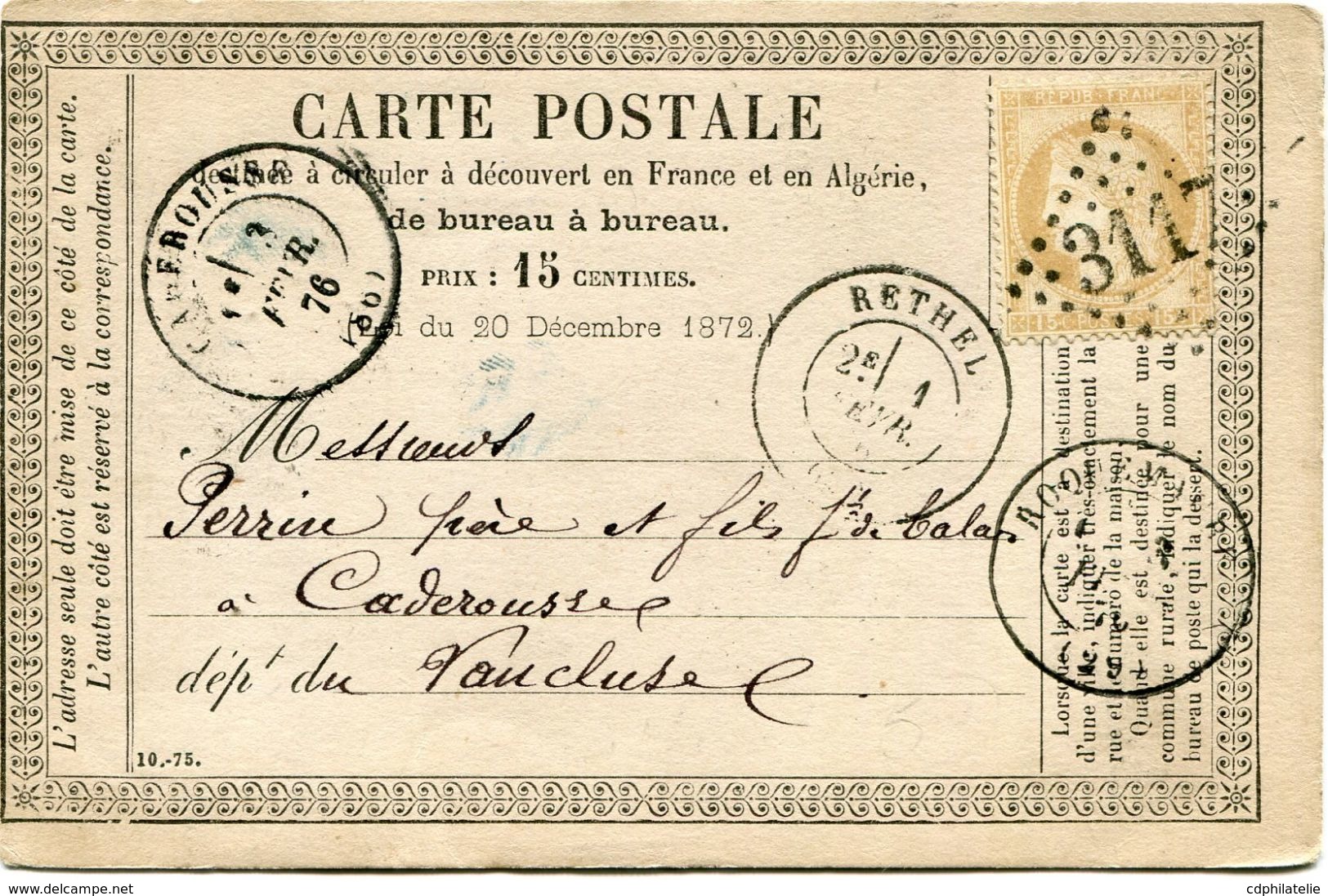 FRANCE CARTE POSTALE PRECURSEUR AFFRANCHIE AVEC UN N°55 OBL. GC 3117 DEPART RETHEL 1 FEVR 76 POUR LA FRANCE - Vorläufer