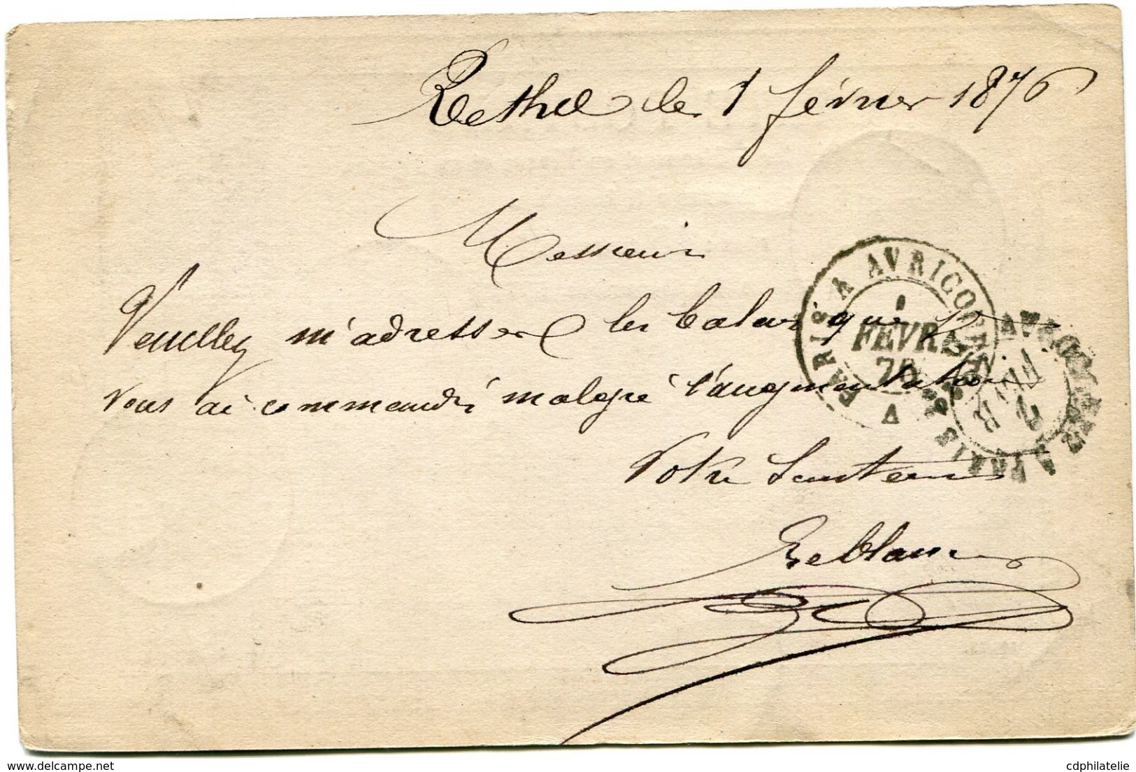 FRANCE CARTE POSTALE PRECURSEUR AFFRANCHIE AVEC UN N°55 OBL. GC 3117 DEPART RETHEL 1 FEVR 76 POUR LA FRANCE - Cartes Précurseurs