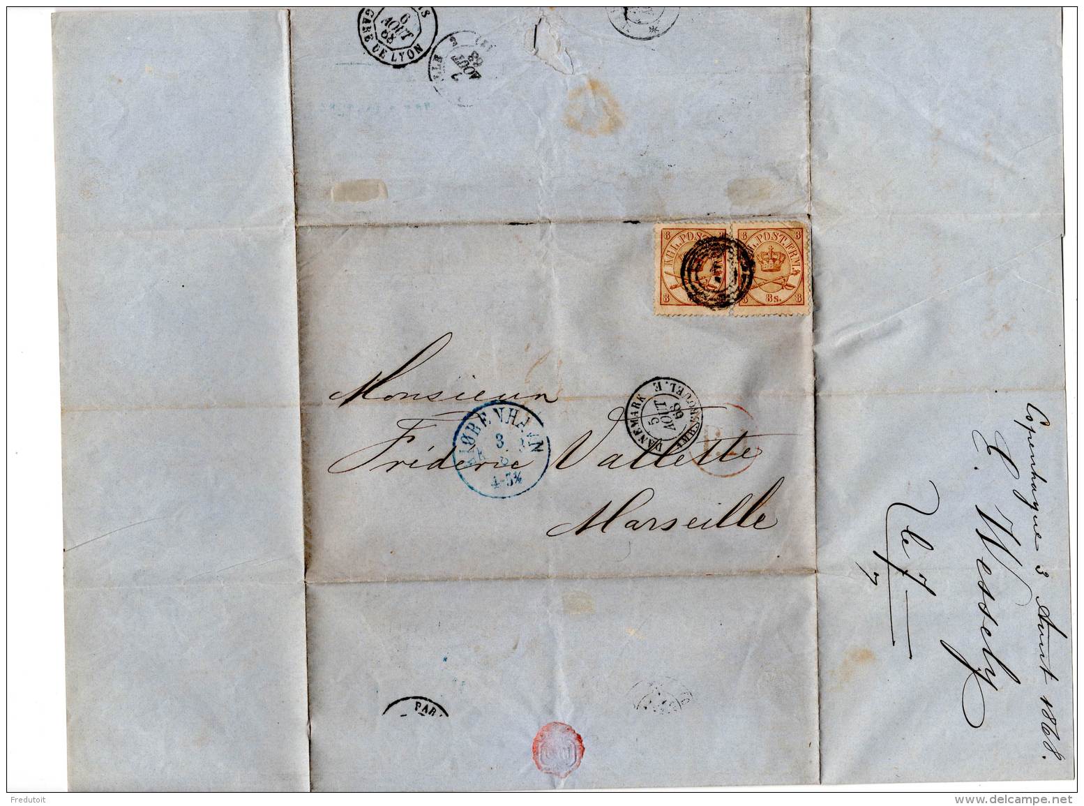 LETTRE - DANEMARK - Du 05/08/1868 Pour Marseille (N°14 X2  , 8s.) - Storia Postale