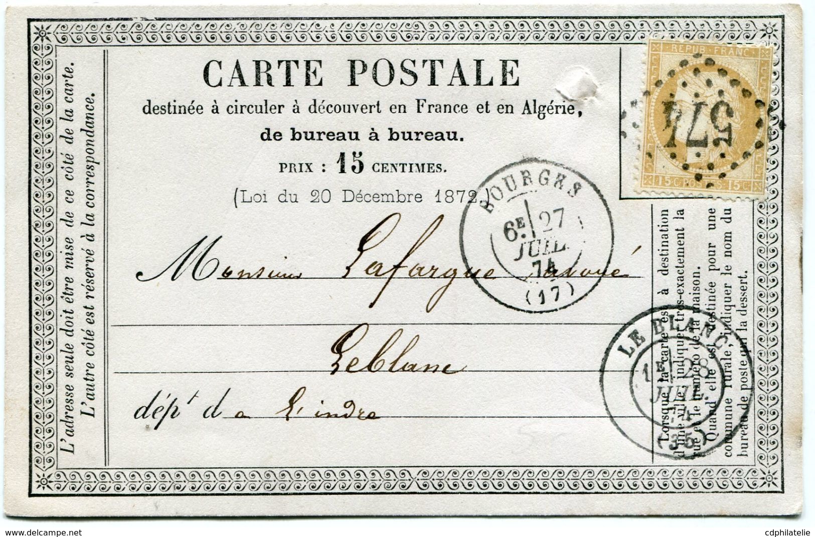 FRANCE CARTE POSTALE PRECURSEUR AFFRANCHIE AVEC UN N°55 OBL. GC 574 DEPART BOURGES 27 JUIL 74 POUR LA FRANCE - Voorloper Kaarten