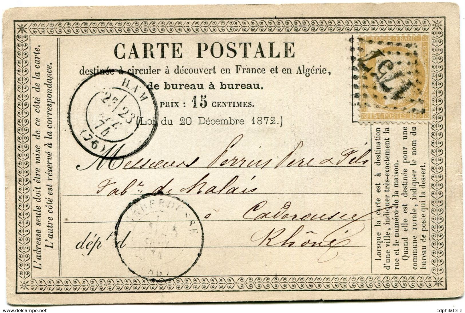 FRANCE CARTE POSTALE PRECURSEUR AFFRANCHIE AVEC UN N°55 OBL. GC 1757 DEPART HAM 23 SEPT 74 POUR LA FRANCE - Precursor Cards