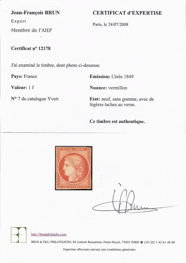 FRANCE N° 7 1f Vermillon. Aucun Filet Entamé. Aucun Clair.Infimes Petites Taches Au Verso. Neuf (*). Cote Yt 55000 €.TTB - 1849-1850 Cérès