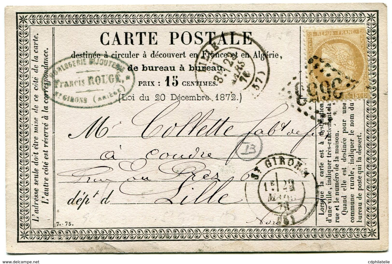 FRANCE CARTE POSTALE PRECURSEUR AFFRANCHIE AVEC UN N°55 OBL. GC 3653 DEPART ST GIRONS 22 MARS 76 POUR LA FRANCE - Precursor Cards