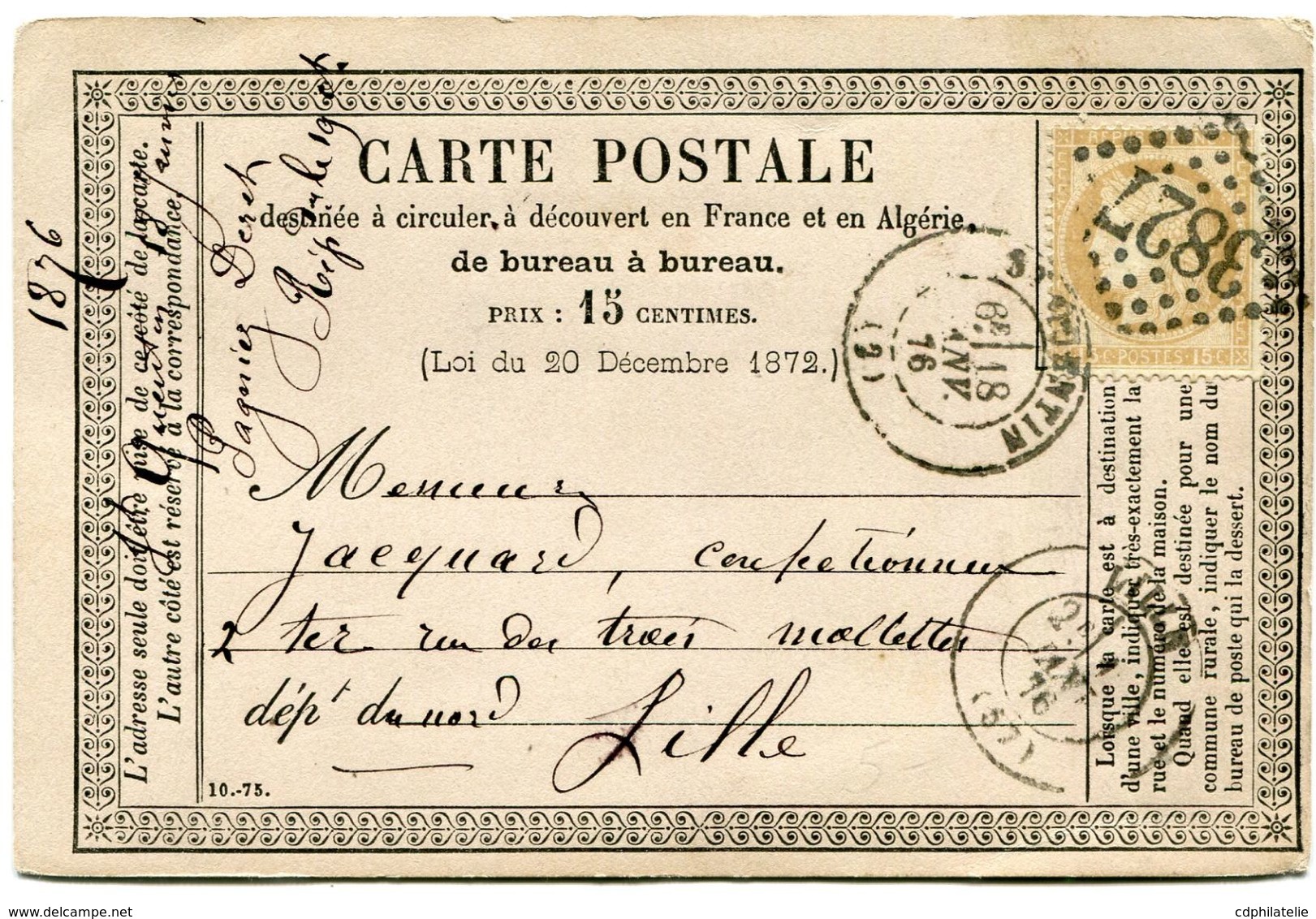 FRANCE CARTE POSTALE PRECURSEUR AFFRANCHIE AVEC UN N°55 OBL. GC 3827 DEPART ST QUENTIN 18 JANV 76 POUR LA FRANCE - Precursor Cards