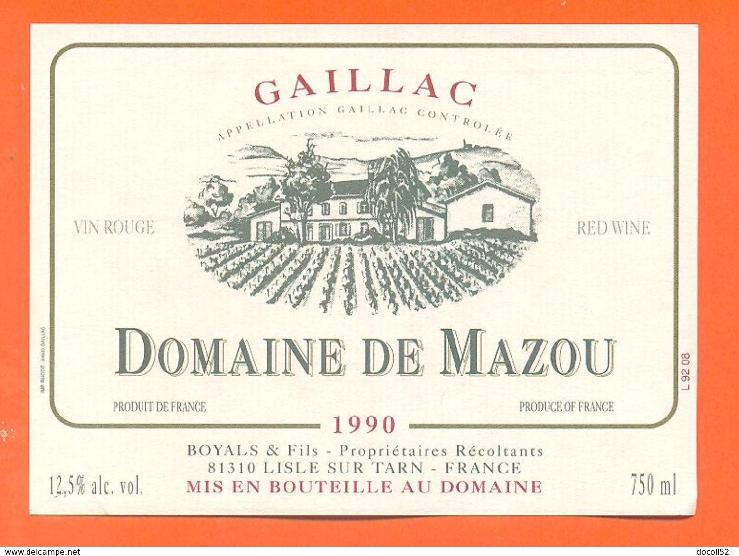 étiquette Vin De Bordeaux Gaillac 1990 Domaine De Mazou Boyals à Lisle Sur Tarn - 75 Cl - Gaillac