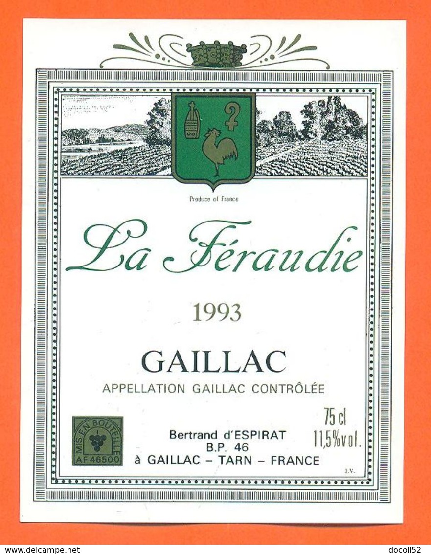étiquette Vin De Bordeaux Gaillac La Féraudie 1993 Bernard D'espirat à Gaillac - 75 Cl - Gaillac
