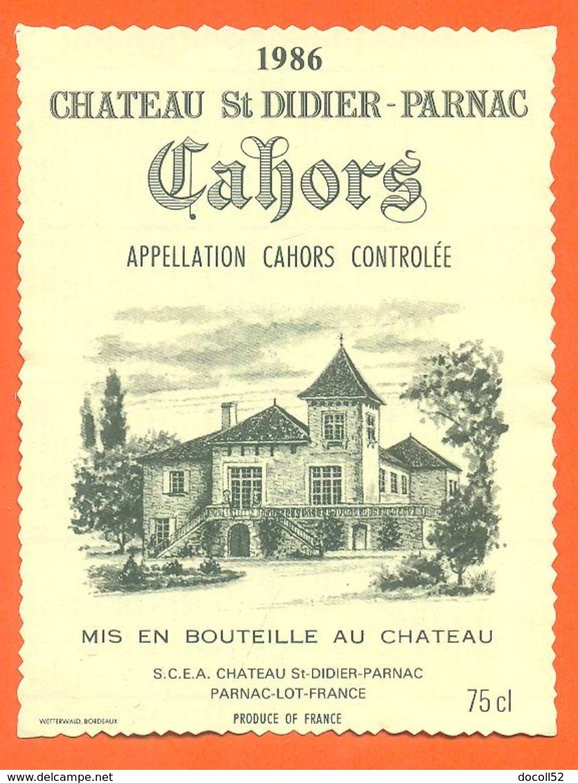 étiquette Vin De Cahors Chateau Saint Didier Parnac 1986  - 75 Cl - Cahors