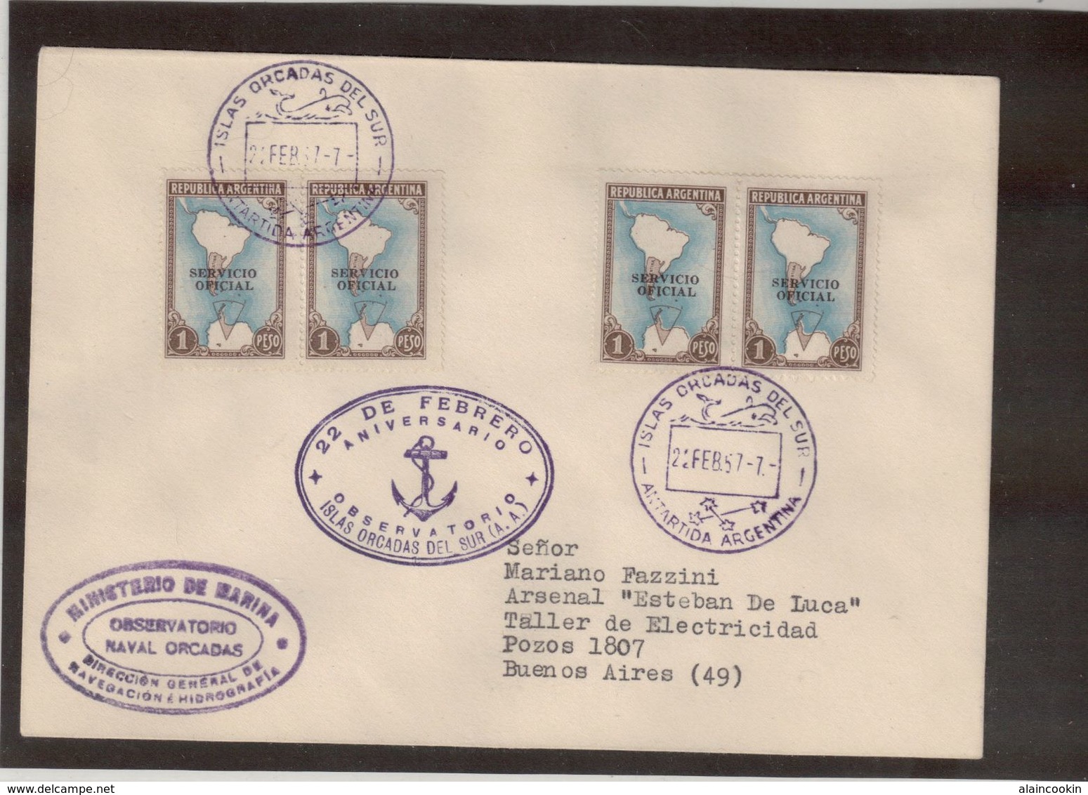 EN - Argentine Service 348-2 Paires-21.février 1957 ISLAS ORCADAS DEL SUR .  Anniversaire Observatoire Orcadas Del Sur. - Lettres & Documents