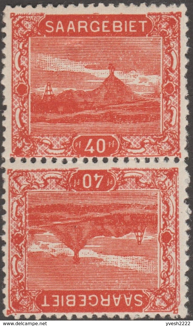 Sarre 1921. Y&T 58a. Paires Tête-bêche Horizontale Et Verticale. Crassier Des Aciéries. Acier. Rouge Et Vermillon - Montañas