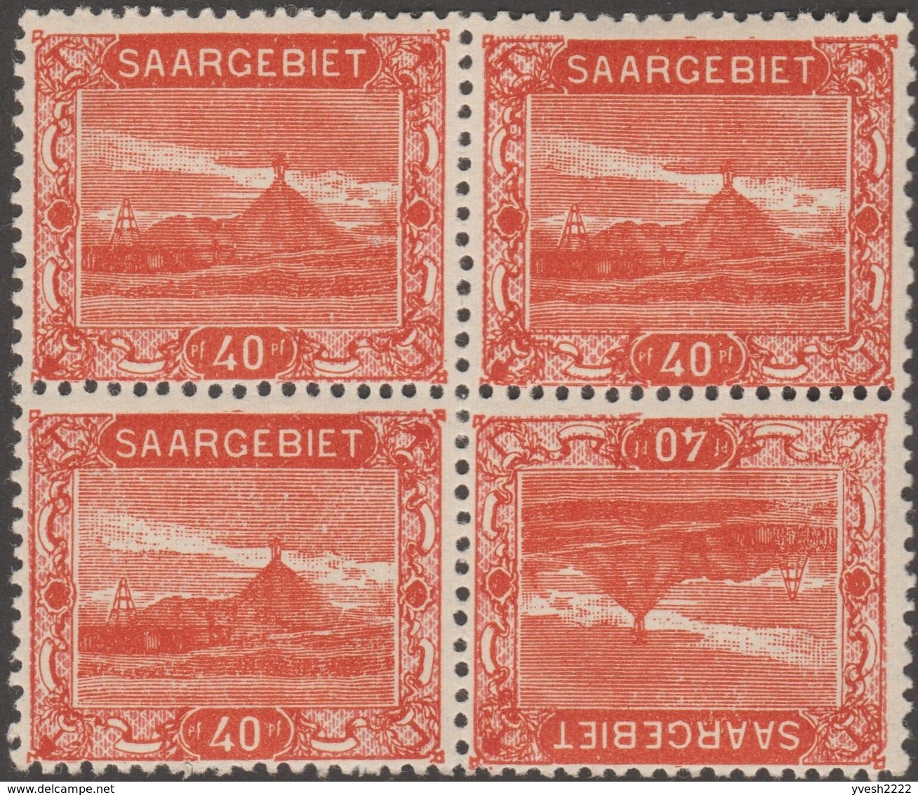 Sarre 1921. Y&T 58a. Paires Tête-bêche Horizontale Et Verticale. Crassier Des Aciéries. Acier. Rouge Et Vermillon - Montagnes