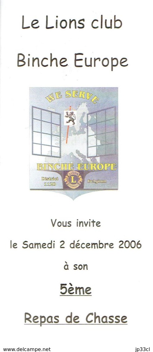 Menu Dépliant Du Repas De Chasse Du Lions Club De Binche Europe Du 2 Décembre 2006 - Menus