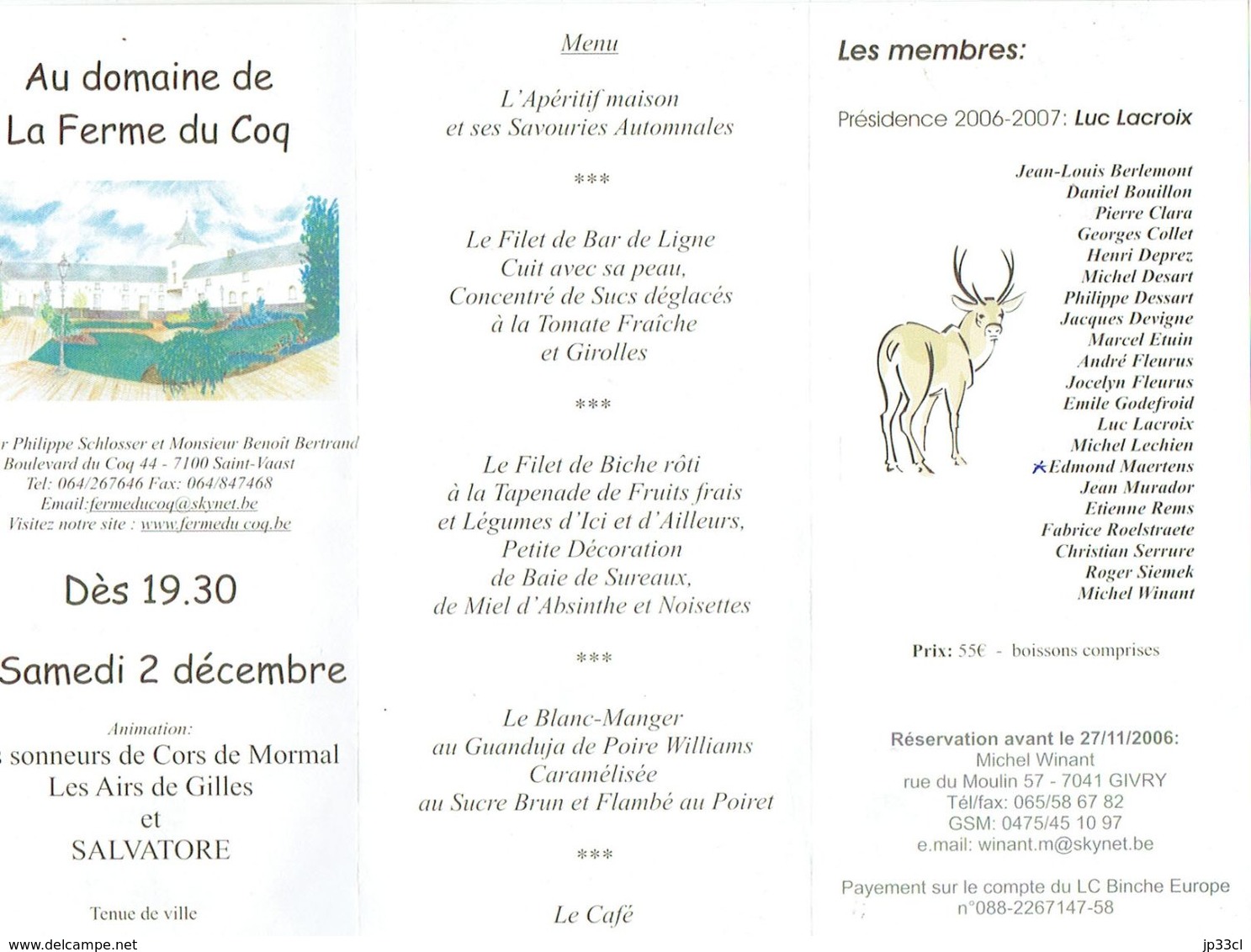 Menu Dépliant Du Repas De Chasse Du Lions Club De Binche Europe Du 2 Décembre 2006 - Menus