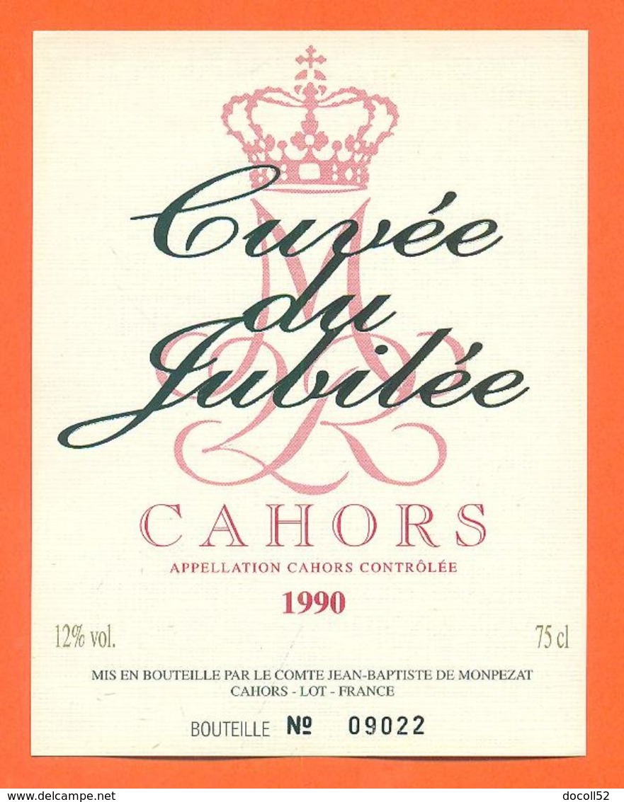 étiquette Vin De Cahors Cuvée Du Jubilé 1990 Comte Jean Baptiste De Monpezat à Cahors - 75 Cl - Cahors