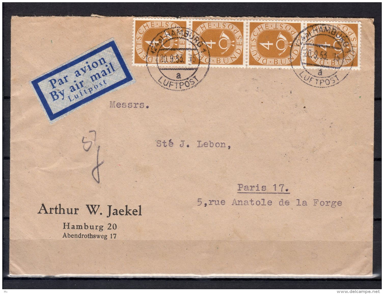 Allemagne Fédérale - N° 9 X2 , 10 X4 , 11 Et 16 Obli/sur Lettre - Obli. " Luftpost " - 20/09/1953 - Briefe U. Dokumente