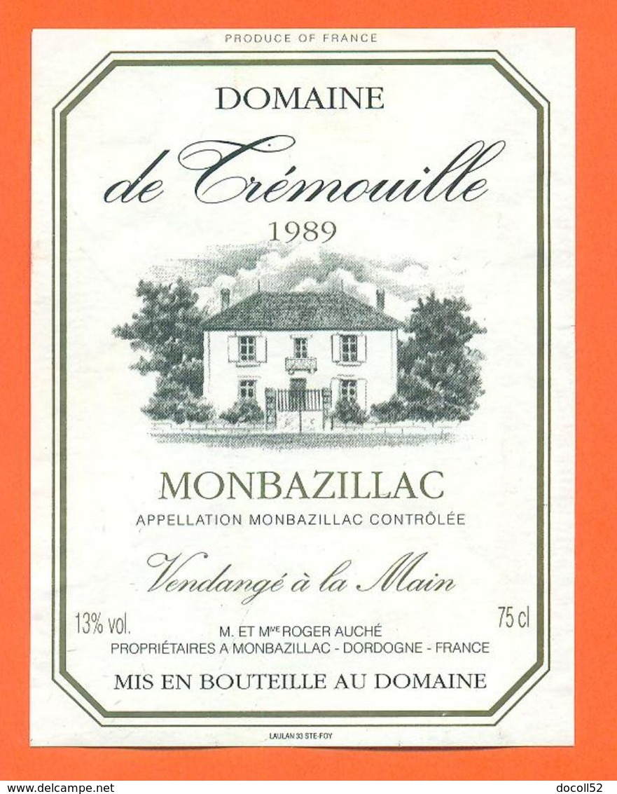 étiquette Vin De Monbazillac Domaine De Trémouille 1989 Roger Auché à Monbazillac - 75 Cl - Monbazillac