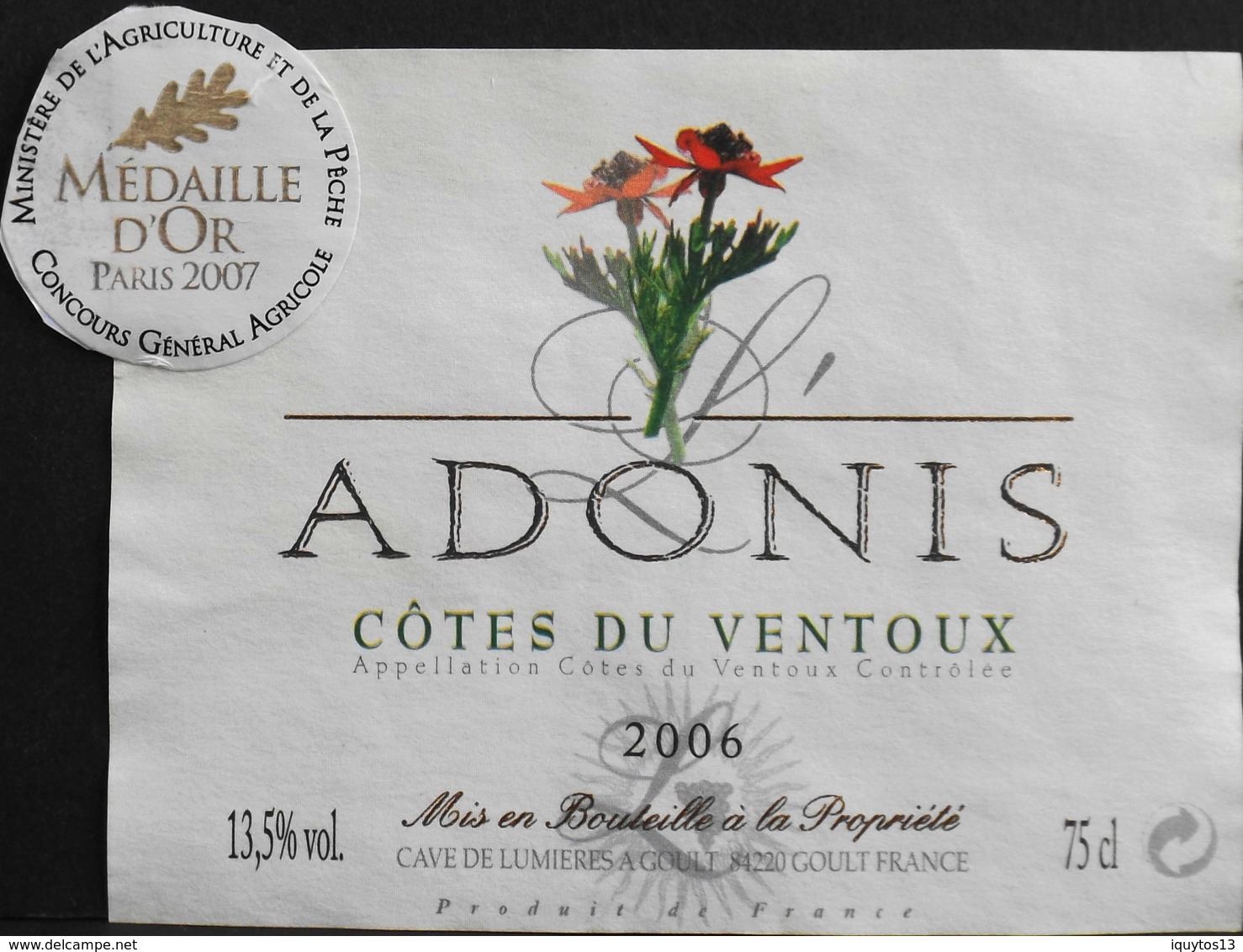 ETIQUETTE De VIN " Côtes Du Ventoux ADONIS 2006 " - Cave De Lumière à Goult (84220) - 13,5° - 75cl - Décollée Bon état - Côtes Du Ventoux